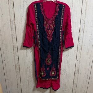Bandhani Printed Kurta Embroidered Tunic Size Small Dark Pink Navy Gold